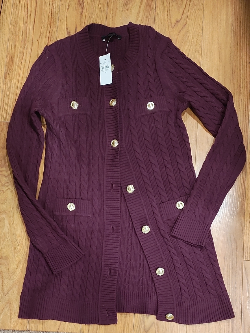 Ann Taylor Cable-Knit Long Cardigan - Burgundy with Gold Buttons